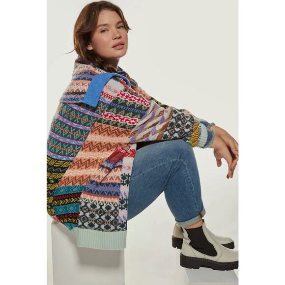 Anthropologie Pilcro Abstract Patchwork Open Cardigan Sweater XS/S Fair Isle - Picture 15 of 16